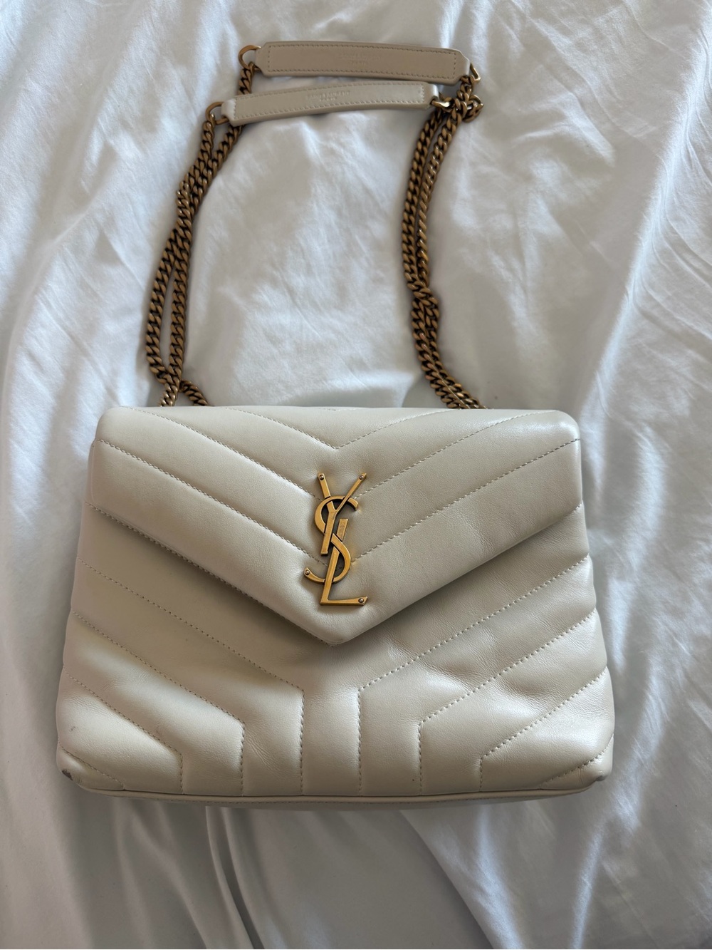 Saint Laurent Cream Quilted Leather Envelope Shoulder Bag with Gold Hardware